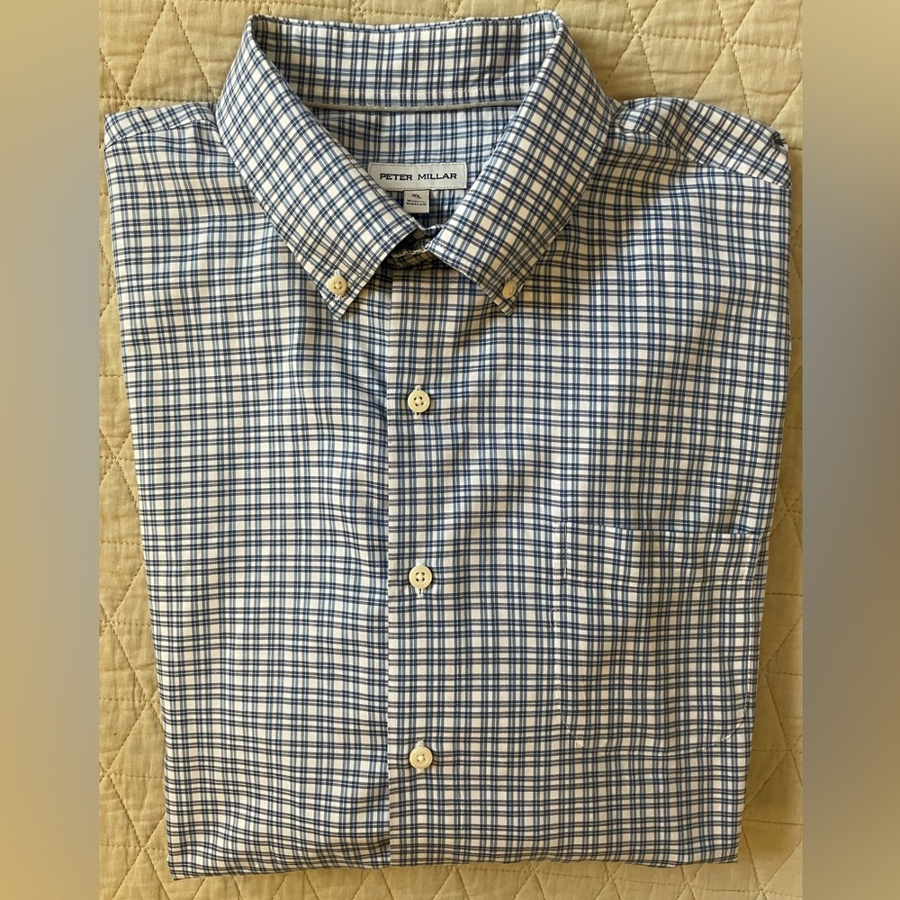 PETER MILLAR Check Print Button Down Collar Sport Shirt in Blue Size XL